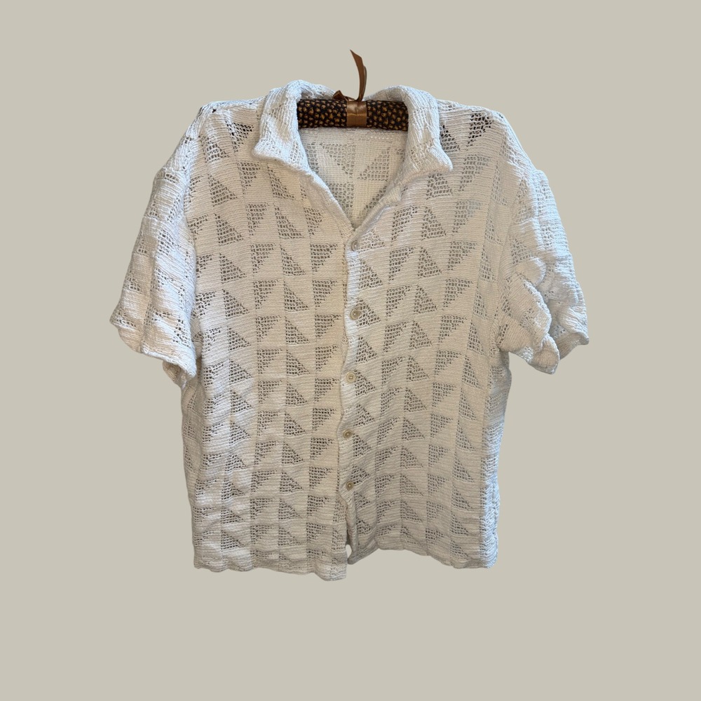 Zara Mens Cream Geometric Crochet Knit Short Sleeve Button Up Shirt Size M